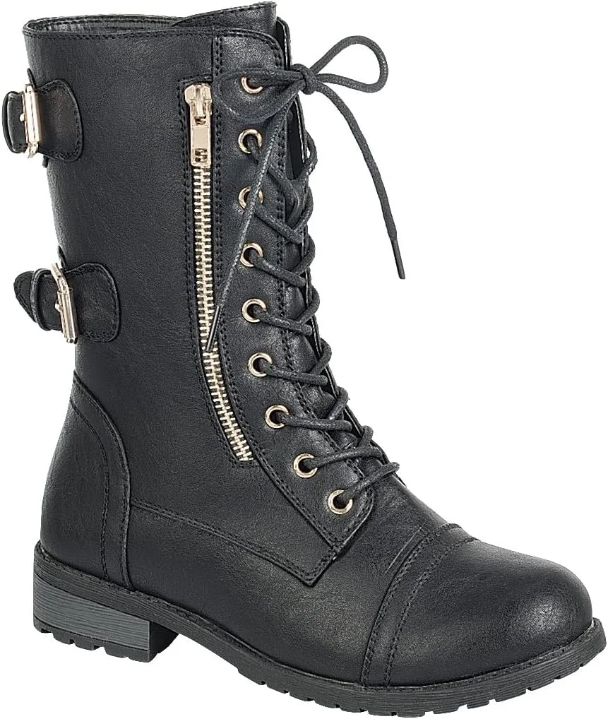 ABSOLEX Womens Lace up Round Toe Low Heel Combat Boots