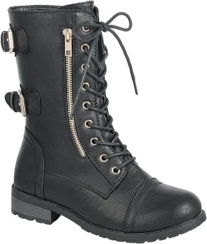 ABSOLEX Womens Lace up Round Toe Low Heel Combat Boots