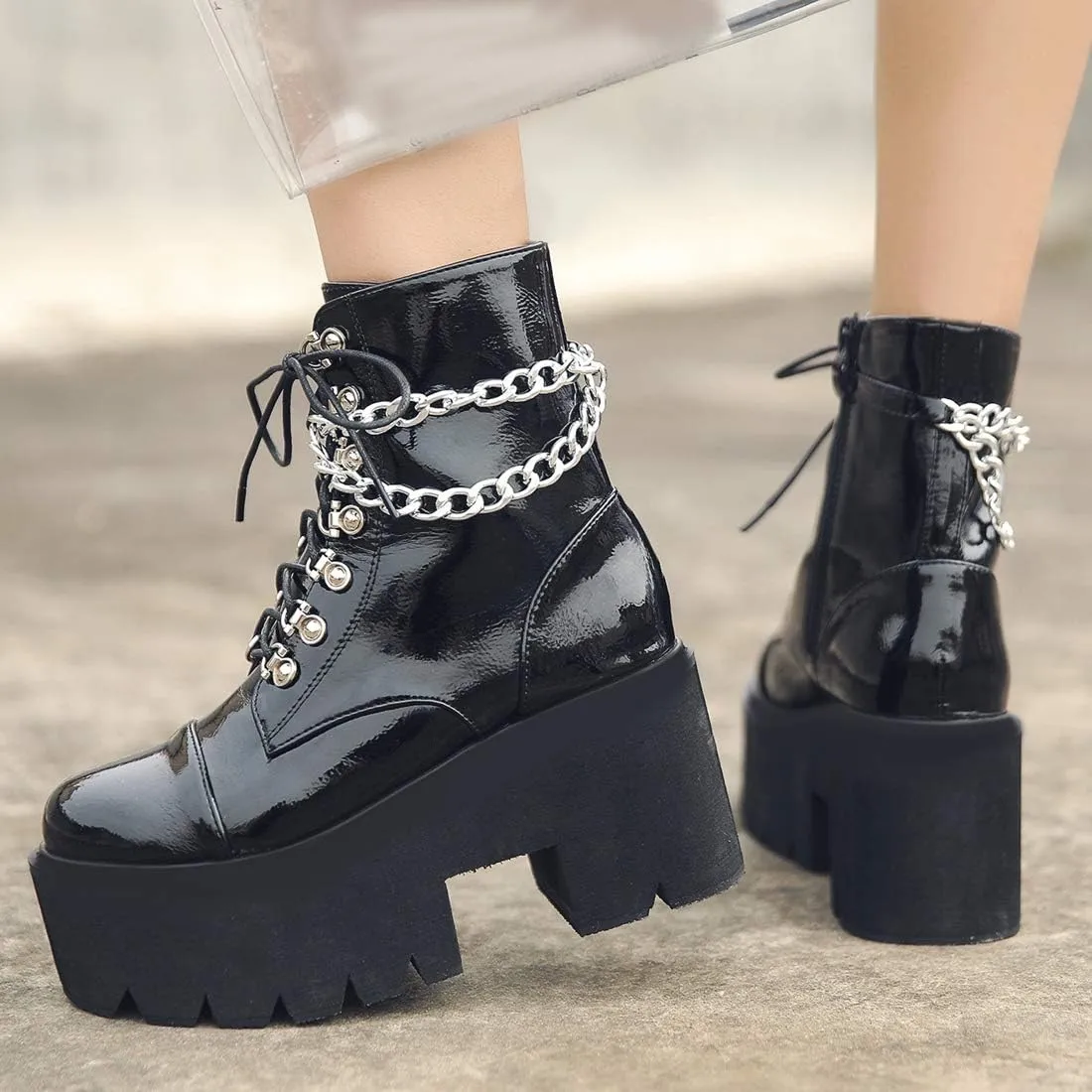 AIMODOR Womens Chain Goth Platform Combat Ankle Boots Chunky High Heel Booties
