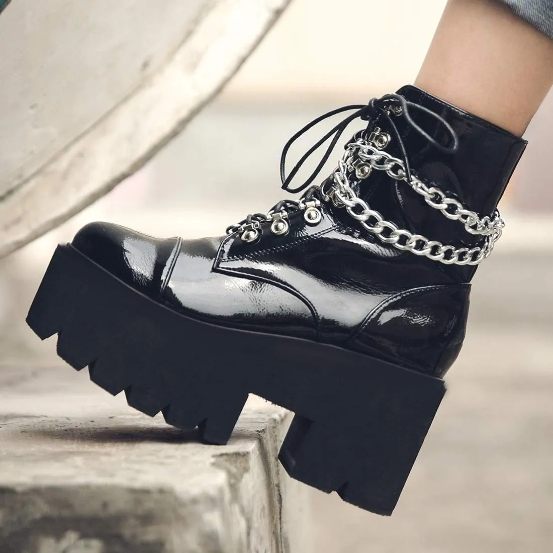 AIMODOR Womens Chain Goth Platform Combat Ankle Boots Chunky High Heel Booties