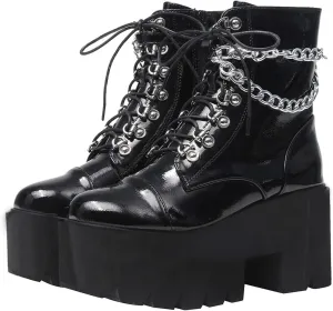 AIMODOR Womens Chain Goth Platform Combat Ankle Boots Chunky High Heel Booties