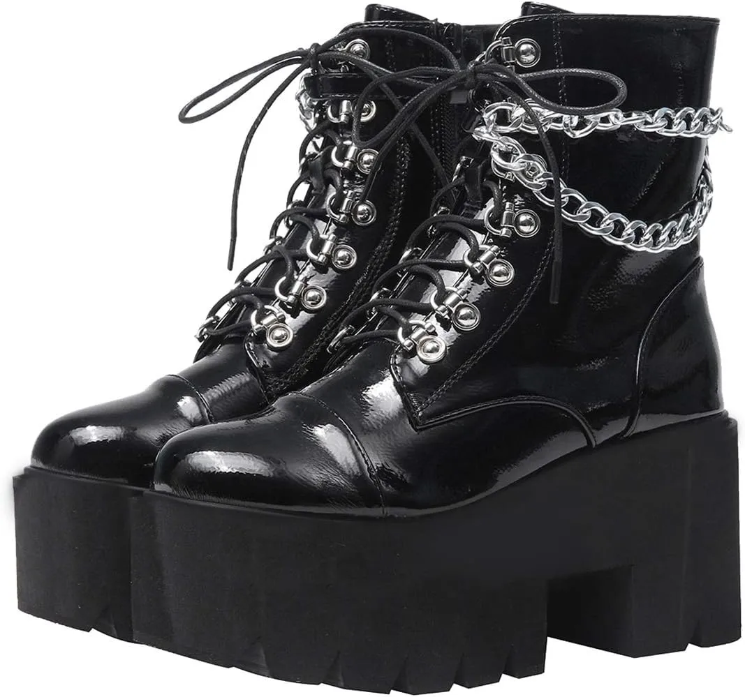 AIMODOR Womens Chain Goth Platform Combat Ankle Boots Chunky High Heel Booties