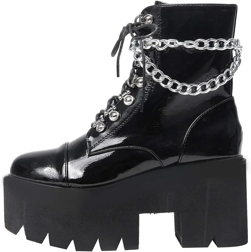 AIMODOR Womens Chain Goth Platform Combat Ankle Boots Chunky High Heel Booties