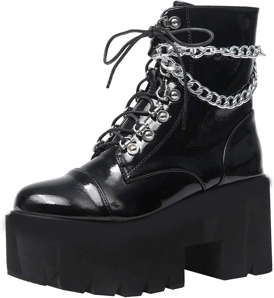 AIMODOR Womens Chain Goth Platform Combat Ankle Boots Chunky High Heel Booties