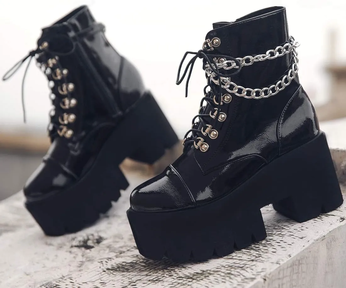 AIMODOR Womens Chain Goth Platform Combat Ankle Boots Chunky High Heel Booties