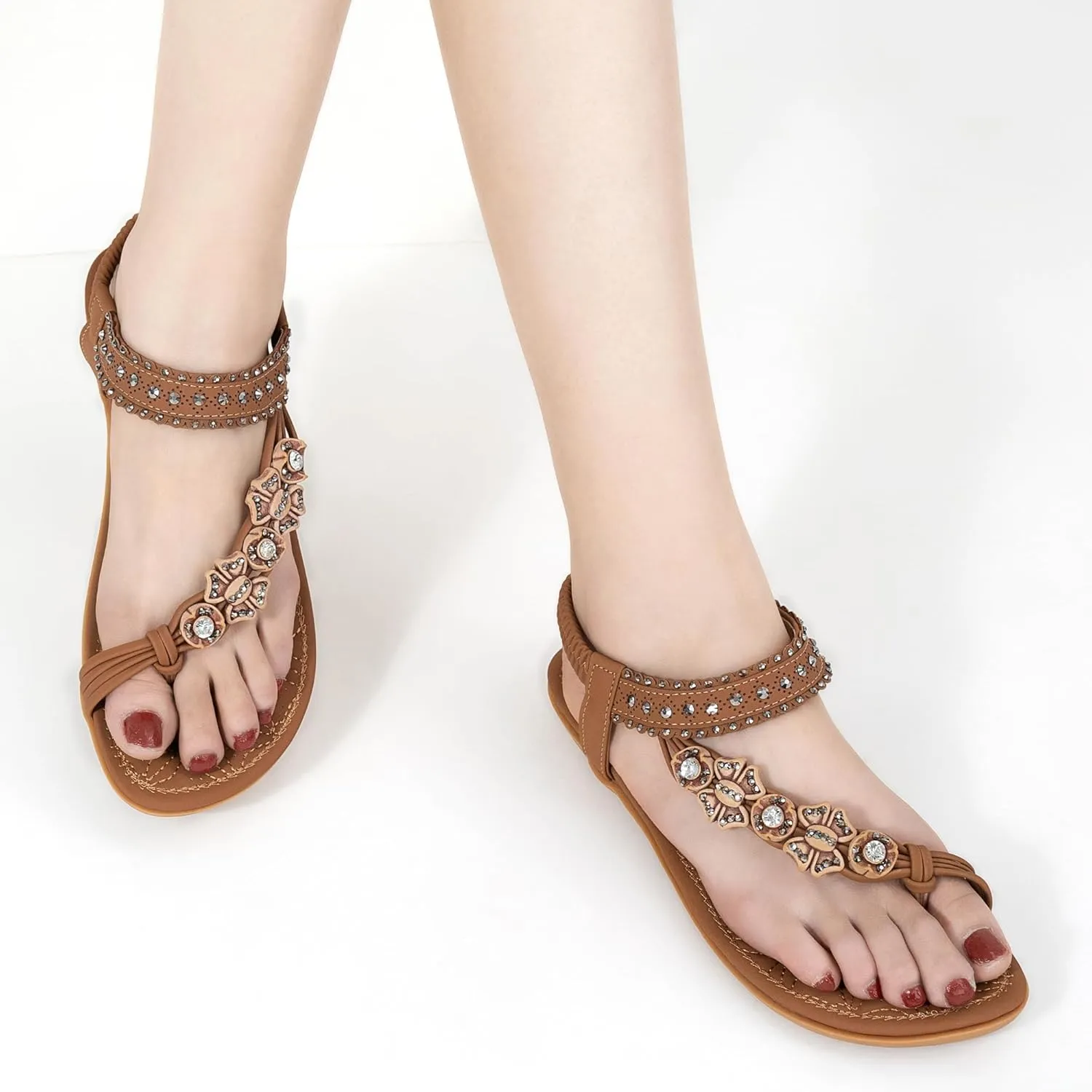 Alicegana Womens Sandals Dressy Flats: Bohemian Summer Comfortable Split Toe Shoes Walking Beach Gladiator