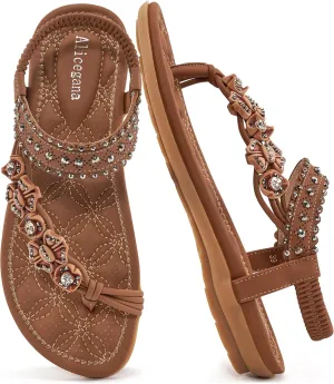 Alicegana Womens Sandals Dressy Flats: Bohemian Summer Comfortable Split Toe Shoes Walking Beach Gladiator
