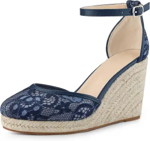 Allegra K Women's Closed Toe Espadrille Platform Heels Lace Wedge Sandals