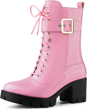 Allegra K Women's Zip Platform Chunky Heel Combat Boots