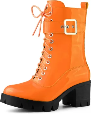 Allegra K Women's Zip Platform Chunky Heel Combat Boots