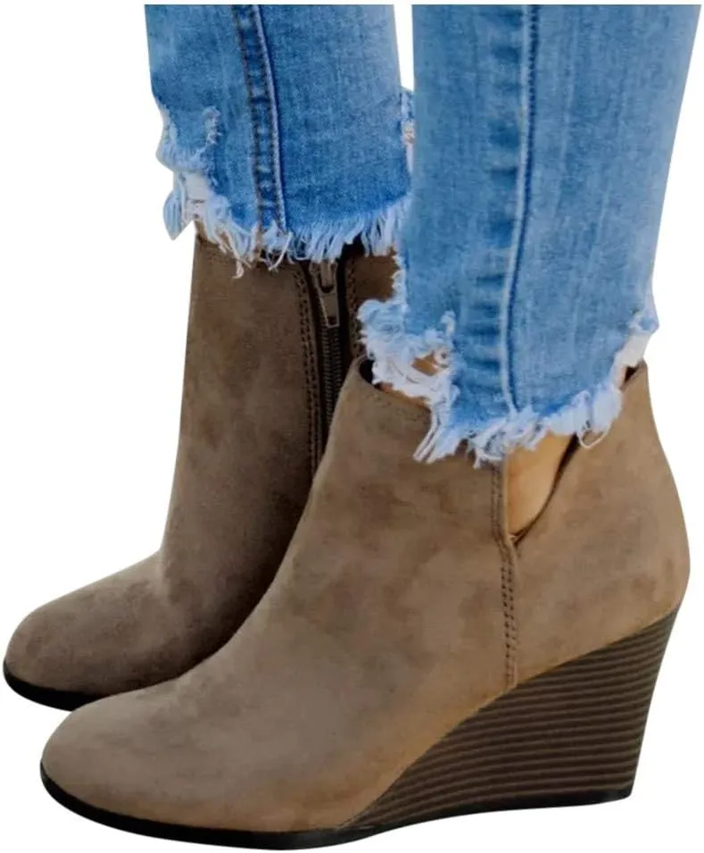 AMDBEL Booties for Women Dressy 2024 Ankle Boots Round Toe Wedge Short Boot Zipper Suede Winter Ladies Walking Shoes
