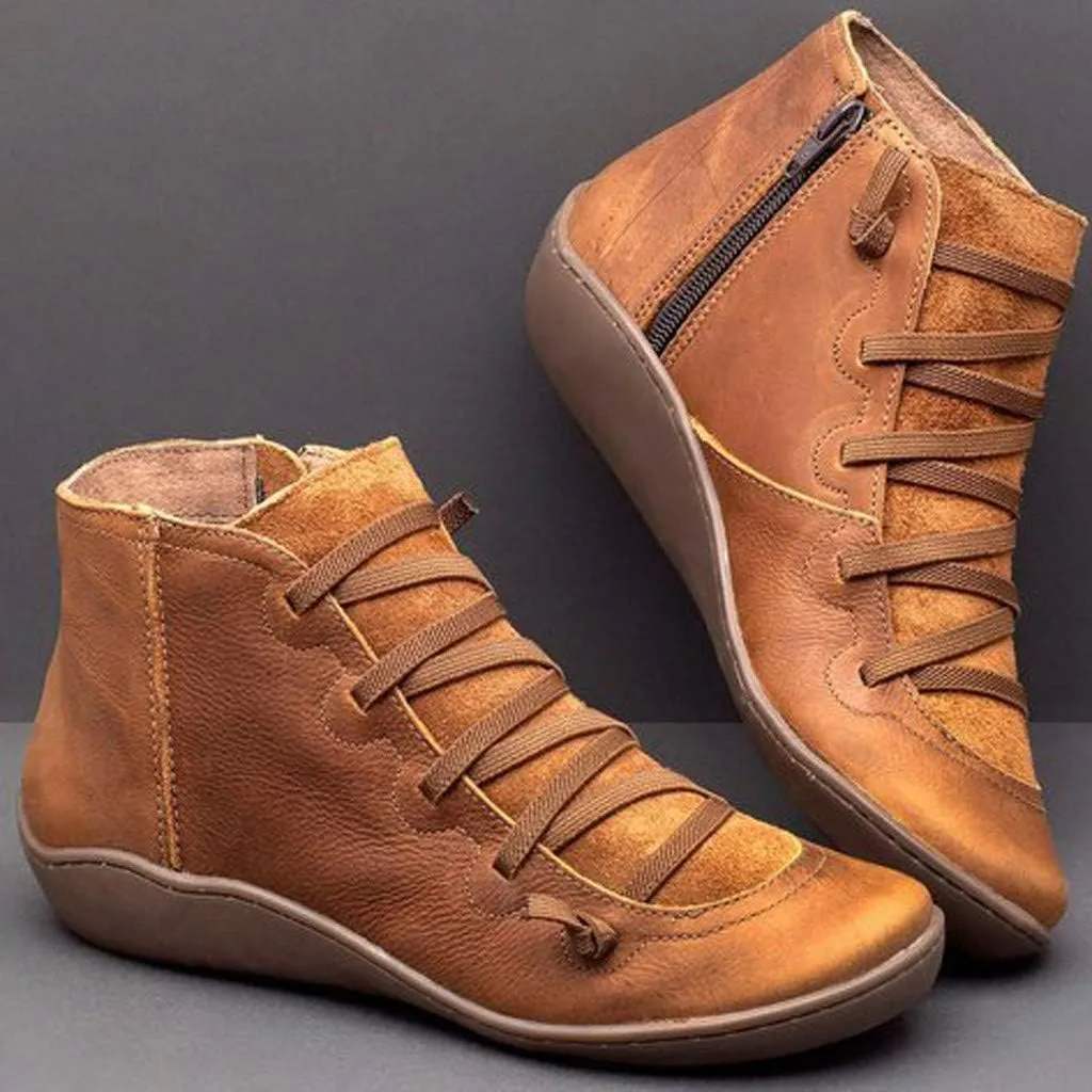 AMDBEL Cowboy Boots For Women Short, Arch Support Low Heel Fashion Lace Up Zipper Booties Slip On Leather Short Booties
