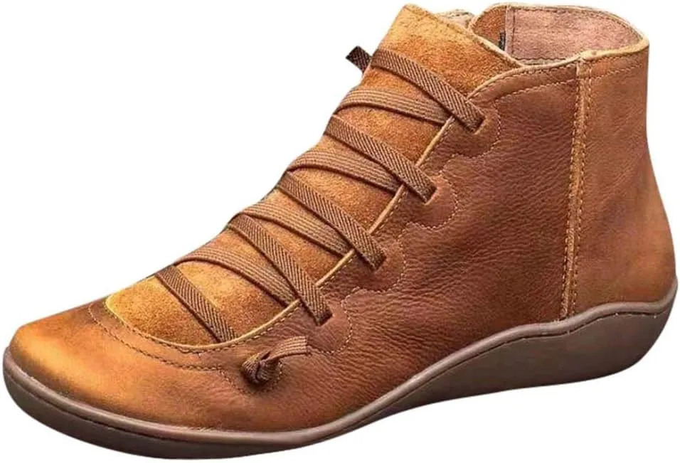 AMDBEL Cowboy Boots For Women Short, Arch Support Low Heel Fashion Lace Up Zipper Booties Slip On Leather Short Booties