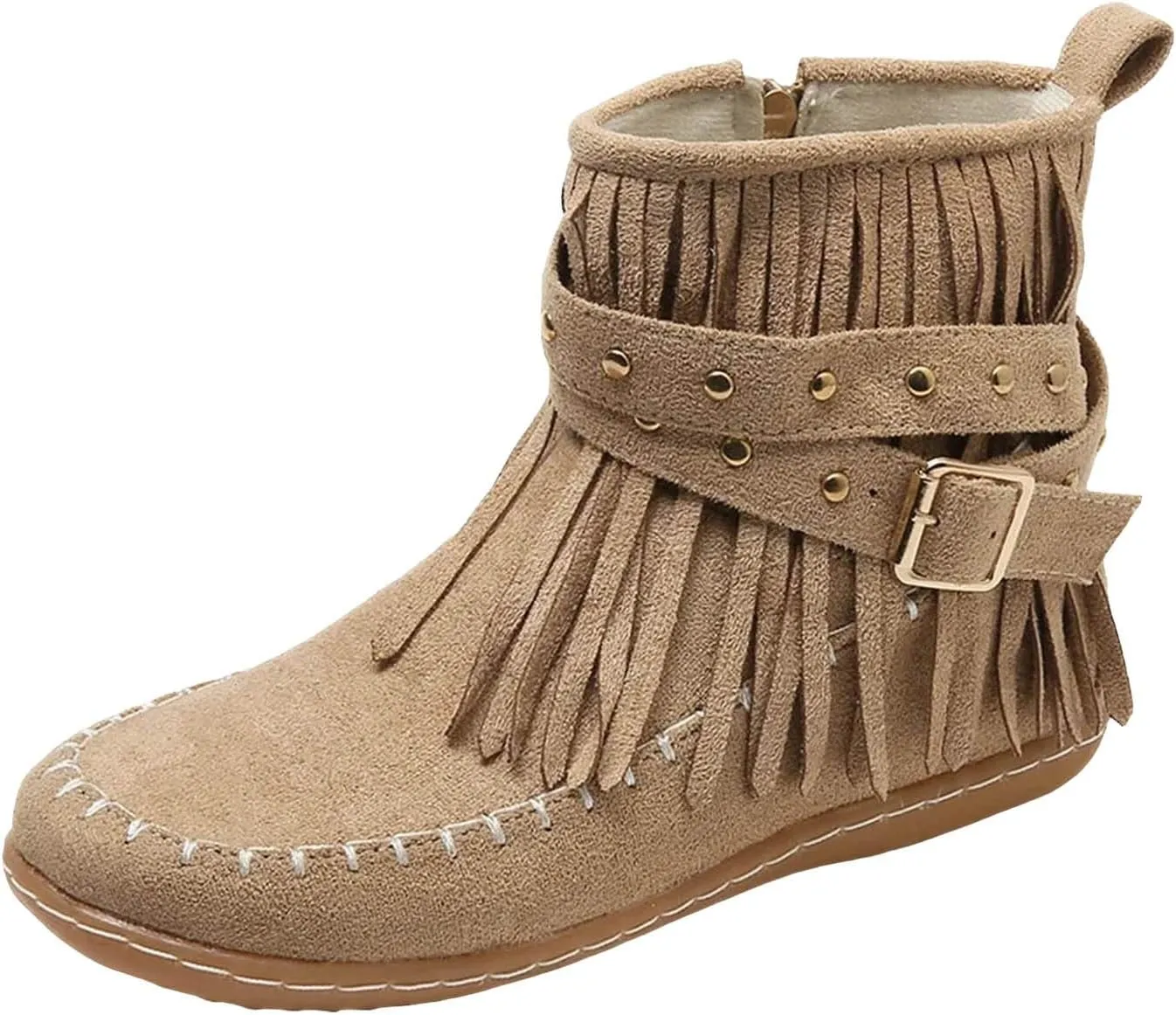 AMDBEL Fall Boots for Women 2024, Women's Ankle Boots Low Heel Side Zipper Tassel Flat Short Boots Casual Walking Booties