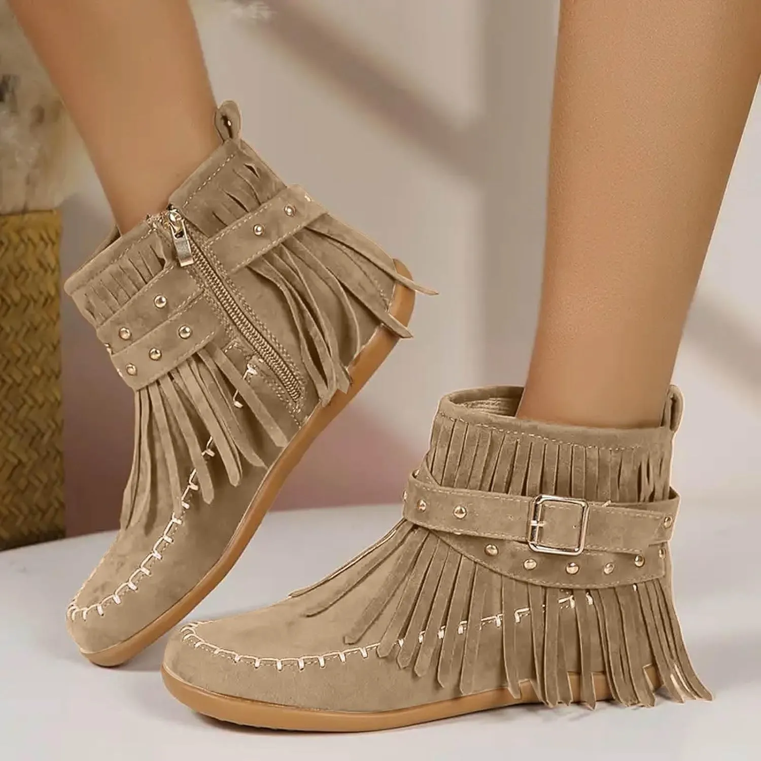 AMDBEL Fall Boots for Women 2024, Women's Ankle Boots Low Heel Side Zipper Tassel Flat Short Boots Casual Walking Booties