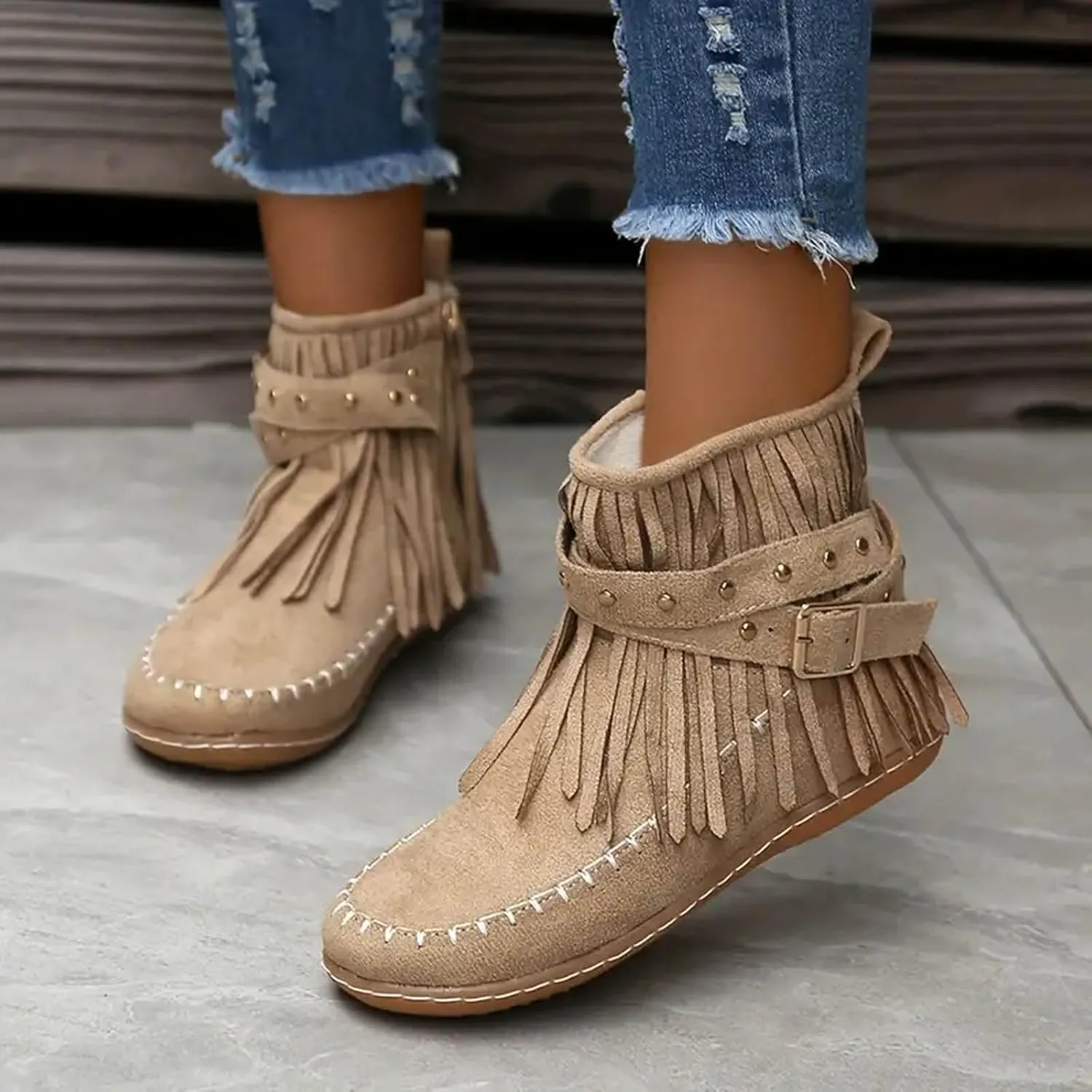 AMDBEL Fall Boots for Women 2024, Women's Ankle Boots Low Heel Side Zipper Tassel Flat Short Boots Casual Walking Booties