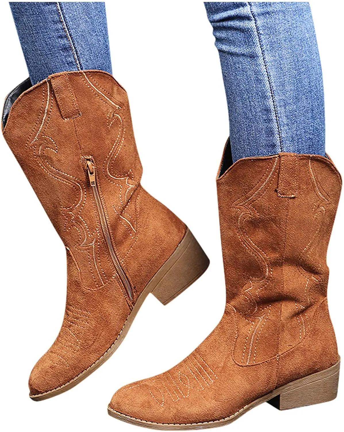 AMDBEL Wide Calf Boots for Women Square Low Heel Womens Fall Boots 2024 Winter Cowboy Boots Embroidered Booties Shoes