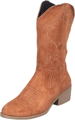 AMDBEL Wide Calf Boots for Women Square Low Heel Womens Fall Boots 2024 Winter Cowboy Boots Embroidered Booties Shoes