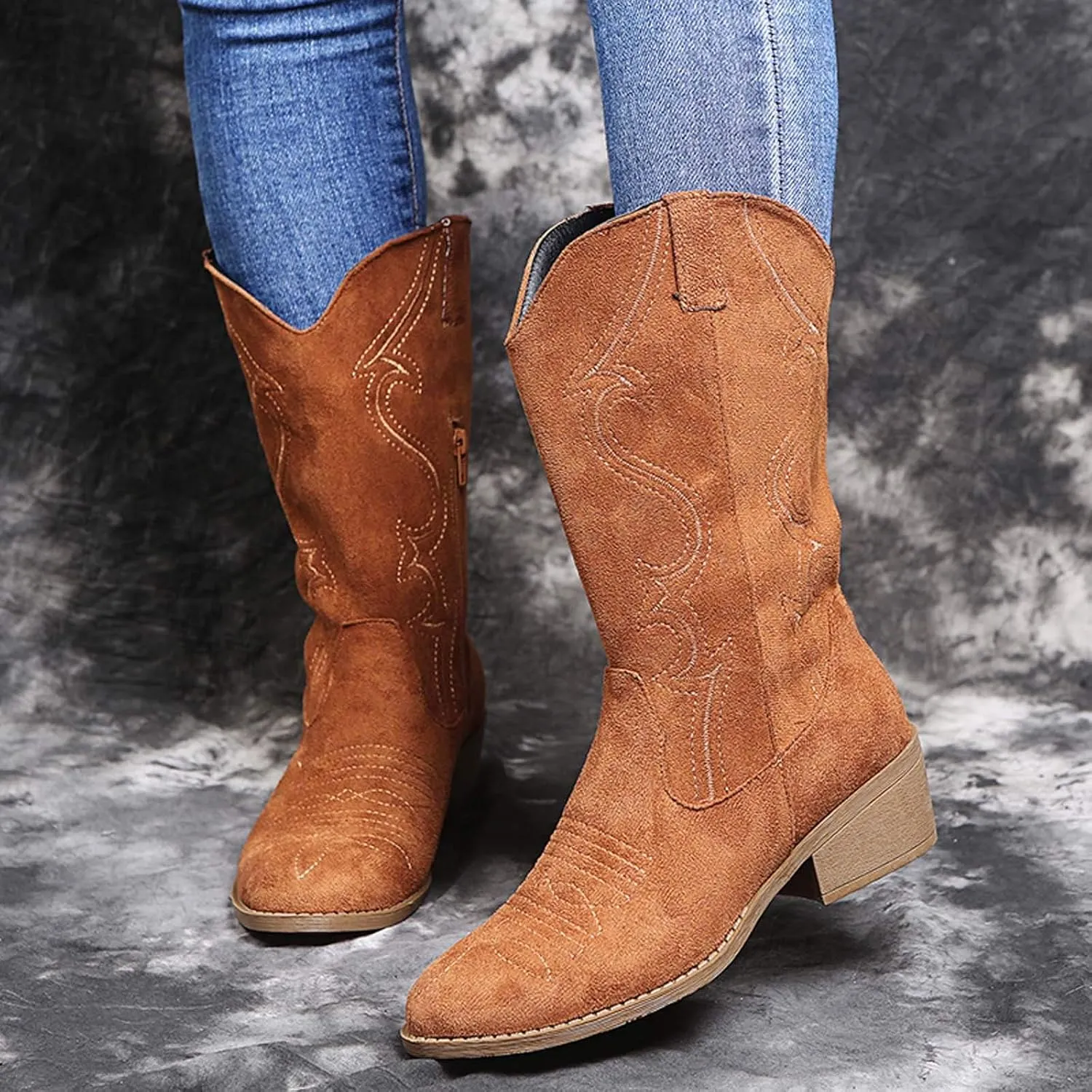 AMDBEL Wide Calf Boots for Women Square Low Heel Womens Fall Boots 2024 Winter Cowboy Boots Embroidered Booties Shoes