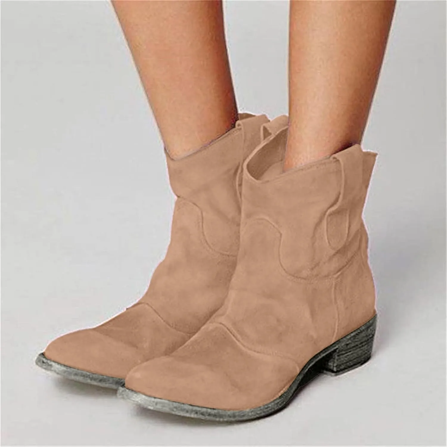 AMDBEL Winter Boots for Women 2024 Ankle Boots Chunky Low Heel Suede Mid Calf Zipper Cowboy Boots Winter Booties