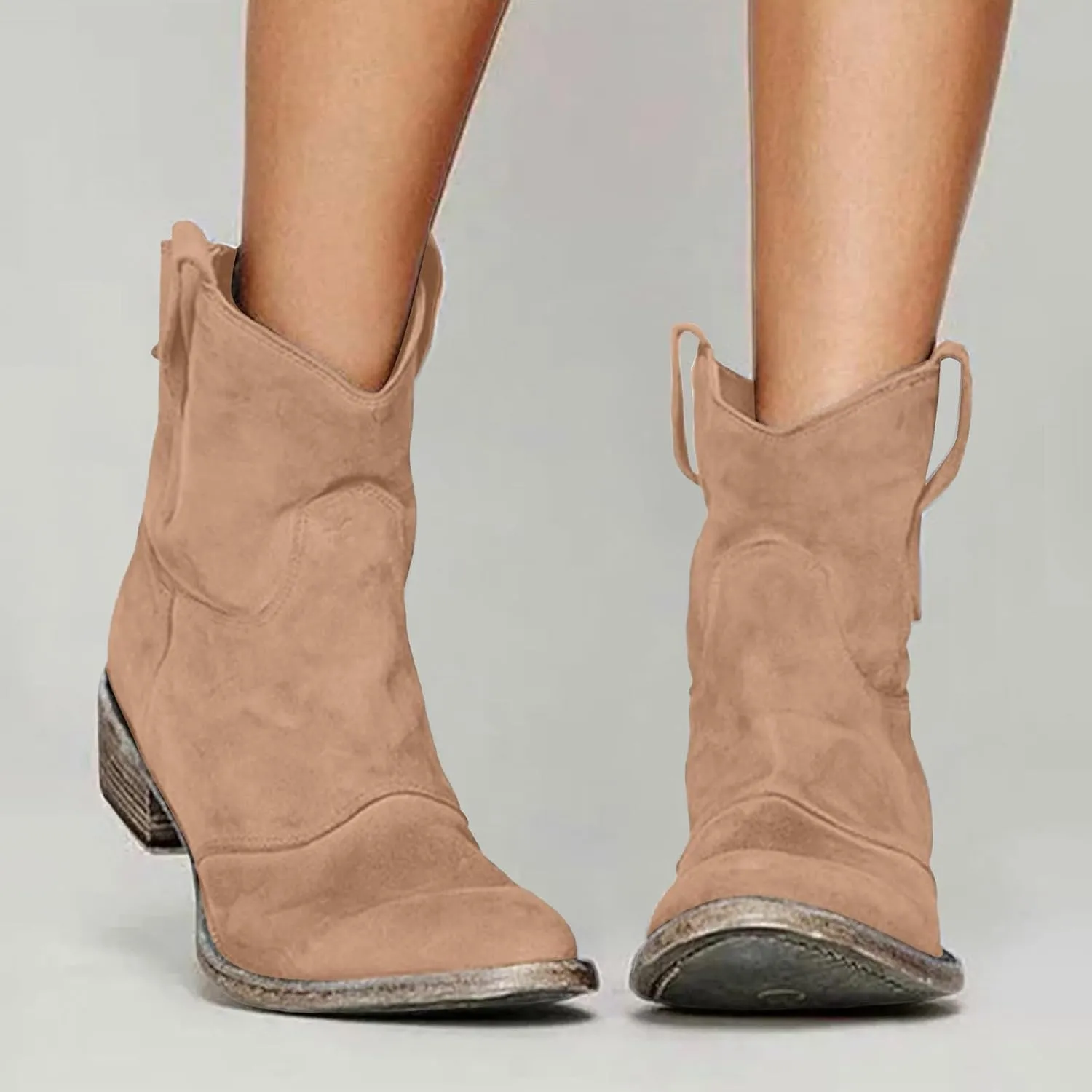 AMDBEL Winter Boots for Women 2024 Ankle Boots Chunky Low Heel Suede Mid Calf Zipper Cowboy Boots Winter Booties