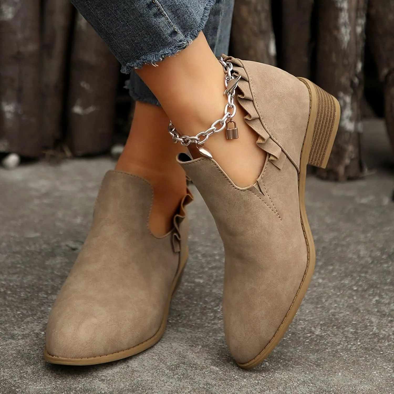 AMDBEL Womens Boots Ankle, Ankle Booties Low Heel Short Boots V Cut Chelsea Boots Pointd Toe Fall Winter Dressy Shoes