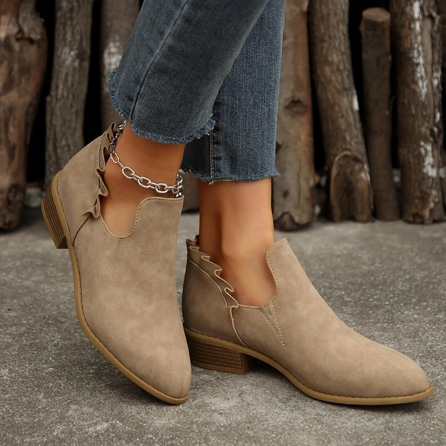 AMDBEL Womens Boots Ankle, Ankle Booties Low Heel Short Boots V Cut Chelsea Boots Pointd Toe Fall Winter Dressy Shoes