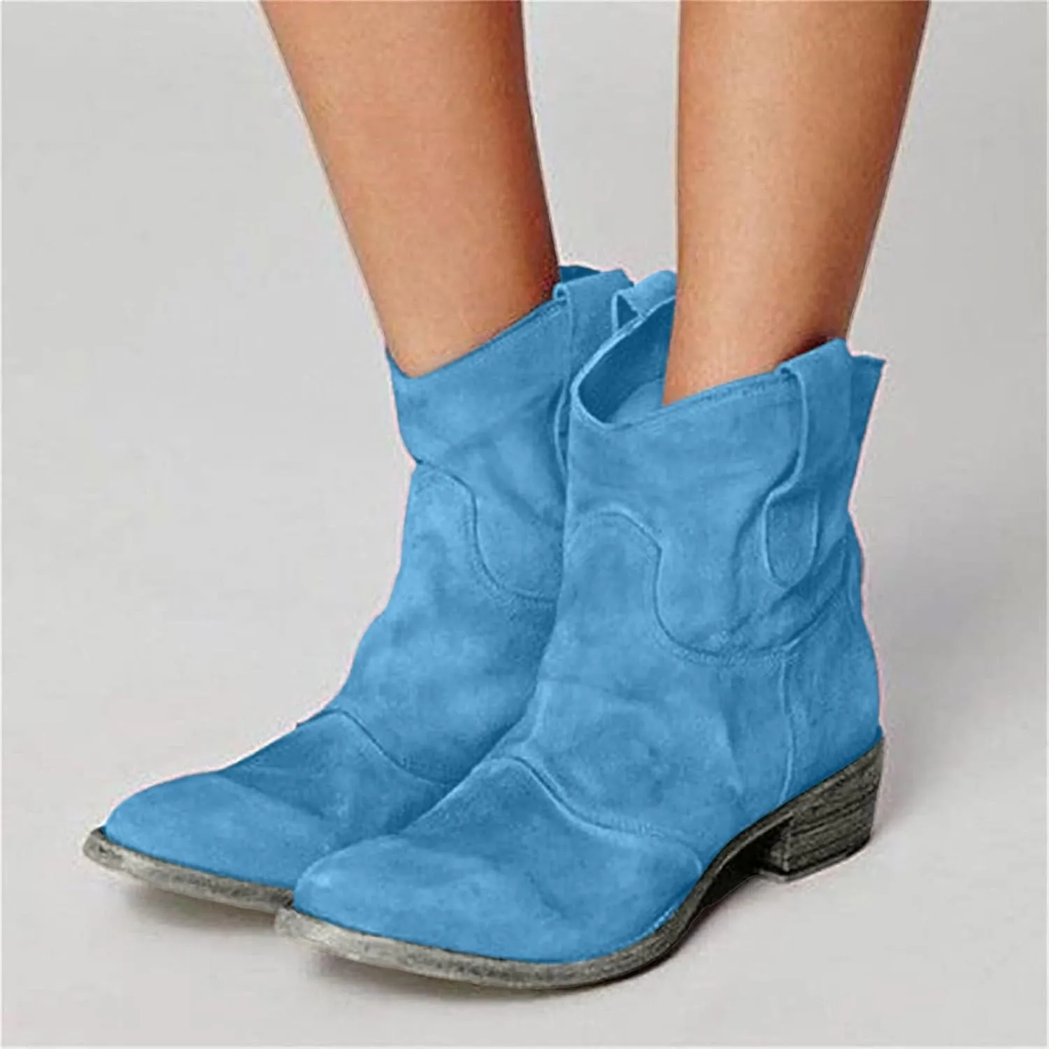 AMDBEL Womens Boots Ankle, Women's Ankle Boots Chunky Low Heel Suede Mid Calf Zipper Cowboy Boots Winter Booties