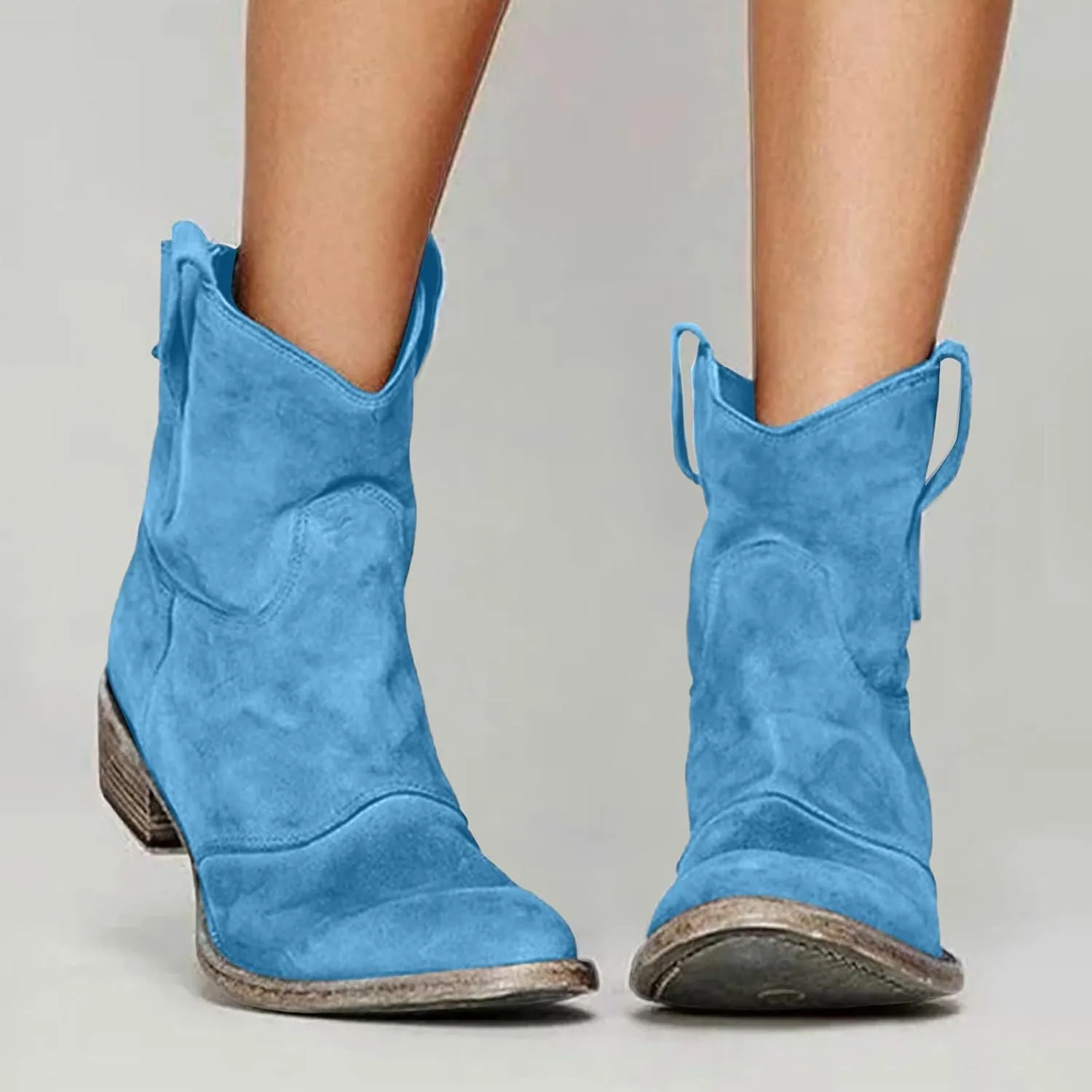AMDBEL Womens Boots Ankle, Women's Ankle Boots Chunky Low Heel Suede Mid Calf Zipper Cowboy Boots Winter Booties