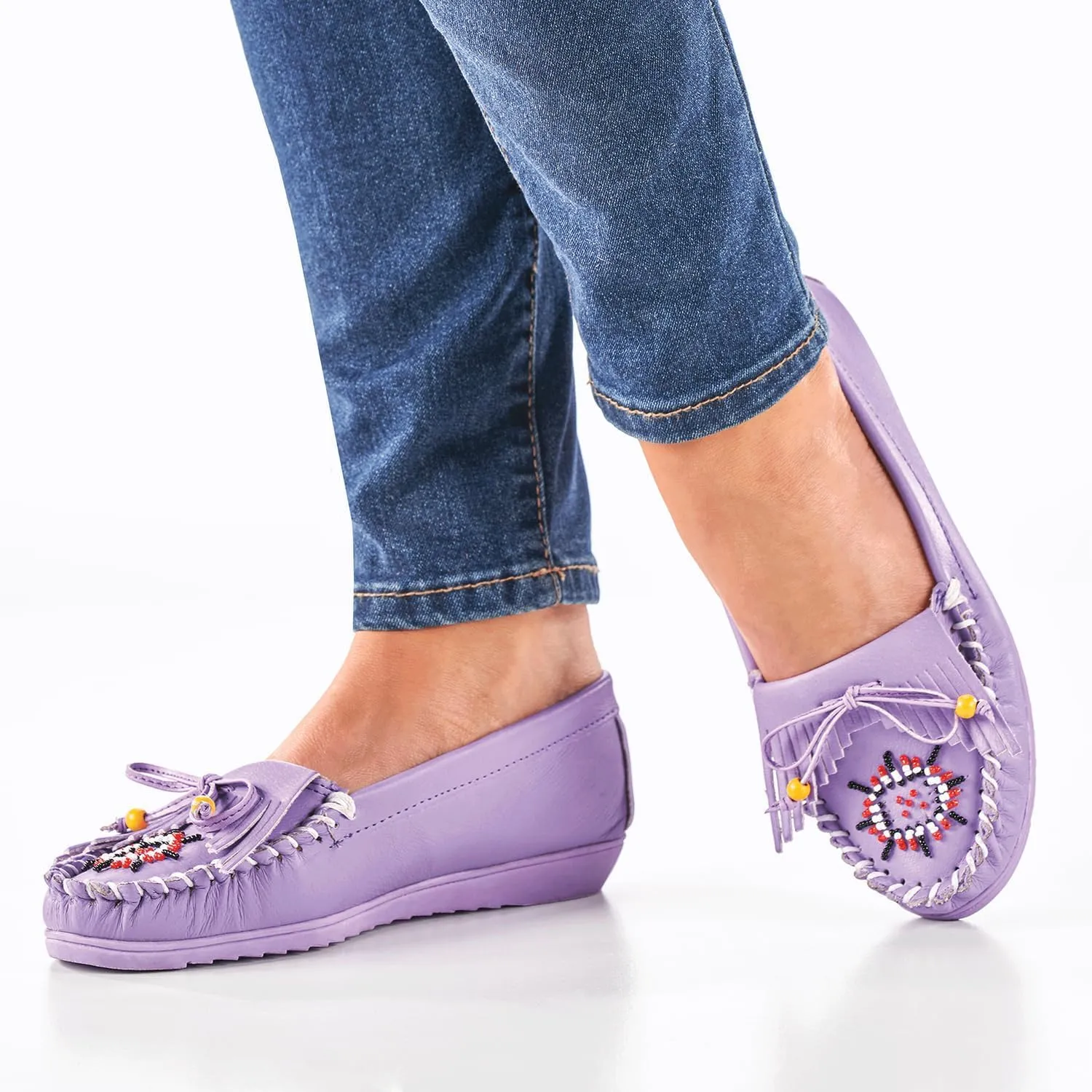 AmeriMark Beaded Moccasin Slip-Ons - Leather and Faux Suede Loafers, Arch Support and Padding, Driving Mocs - Comfortable and Stylish Shoes