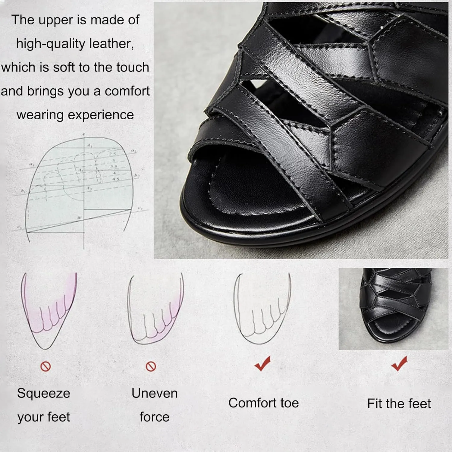 AngryMonkey Women Black Leather High Top Gladiator Sandals,Summer Peep Toe Hollow Back Zipper Dressy Flat Roman Sandals Wedges Sandals