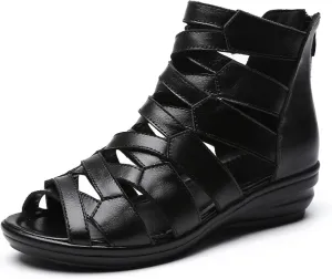 AngryMonkey Women Black Leather High Top Gladiator Sandals,Summer Peep Toe Hollow Back Zipper Dressy Flat Roman Sandals Wedges Sandals