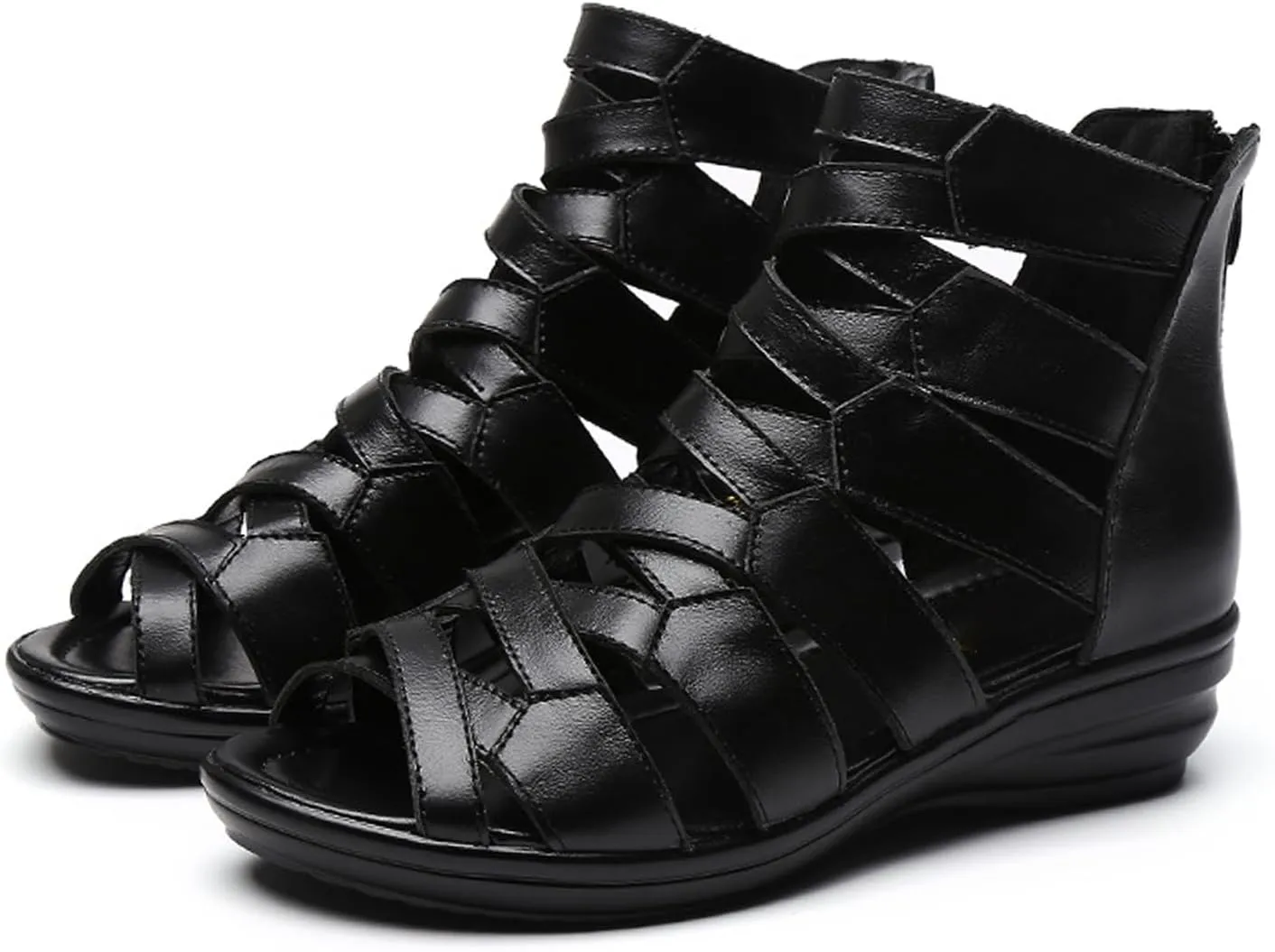 AngryMonkey Women Black Leather High Top Gladiator Sandals,Summer Peep Toe Hollow Back Zipper Dressy Flat Roman Sandals Wedges Sandals