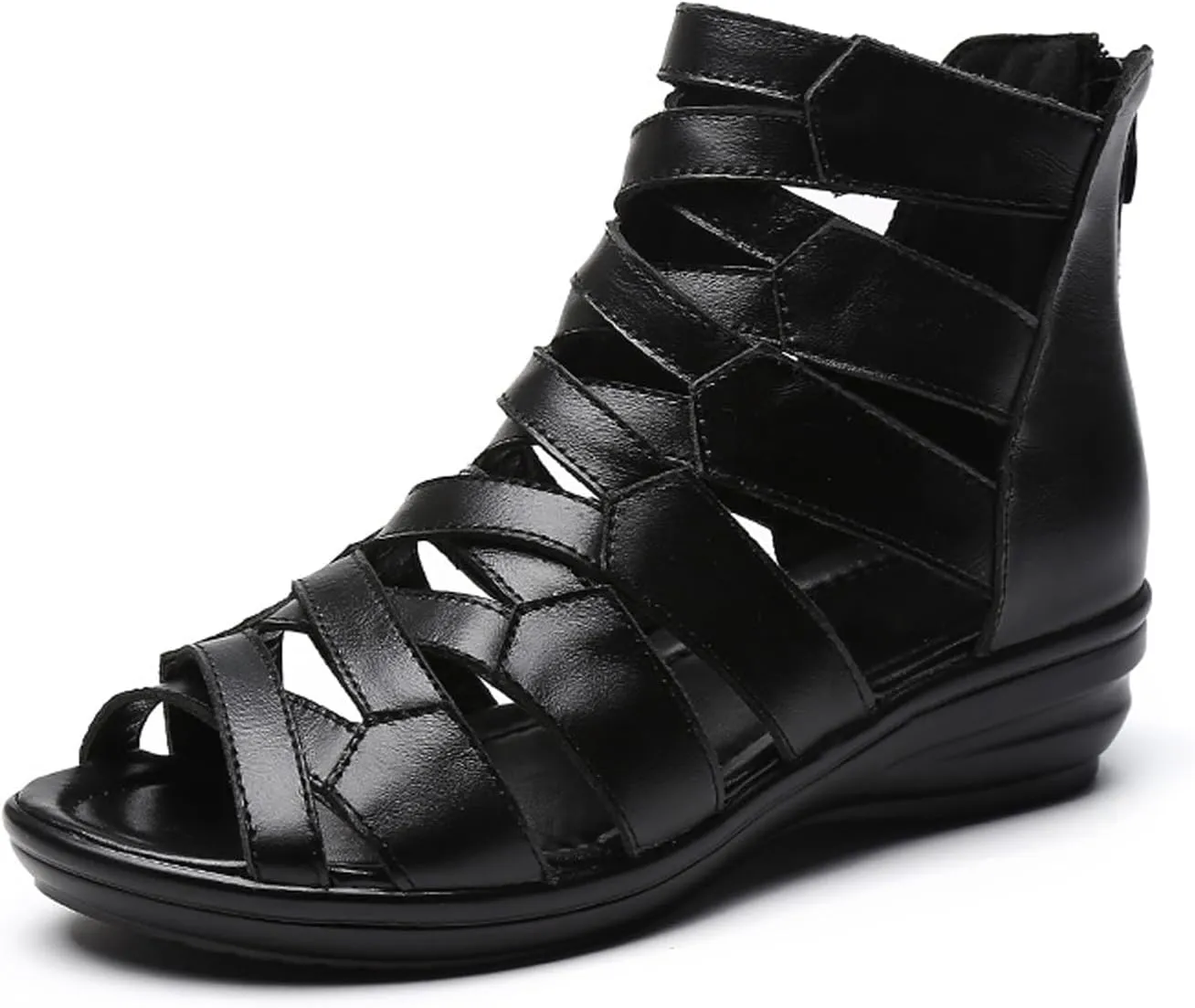 AngryMonkey Women Black Leather High Top Gladiator Sandals,Summer Peep Toe Hollow Back Zipper Dressy Flat Roman Sandals Wedges Sandals