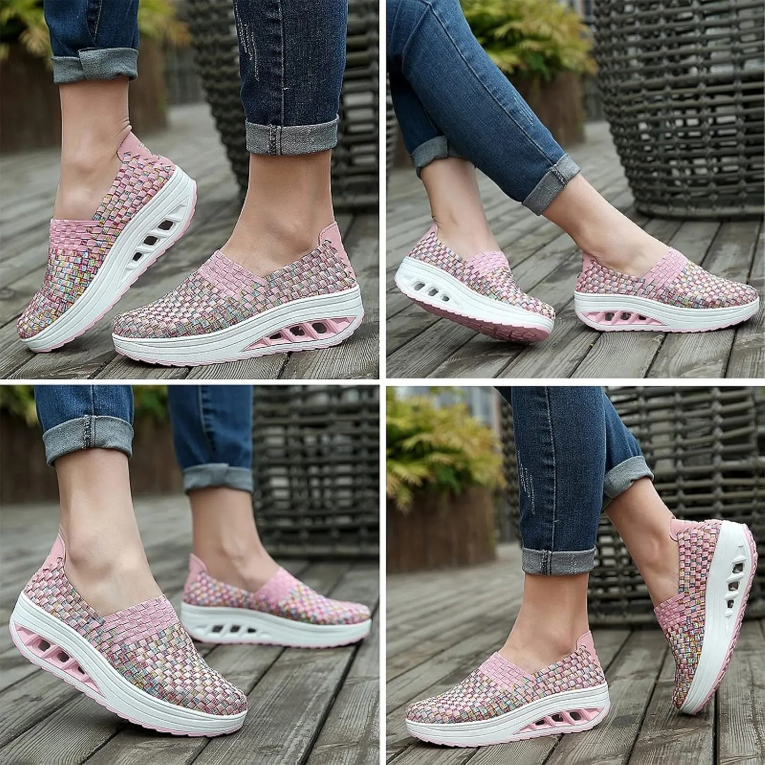 AngryMonkey Women Mesh Woven Breathable Slip On Orthopedic Walking Shoes,Arch Support Air Cushion Platform Sneakers Nursing Shoes Rocker Shoes