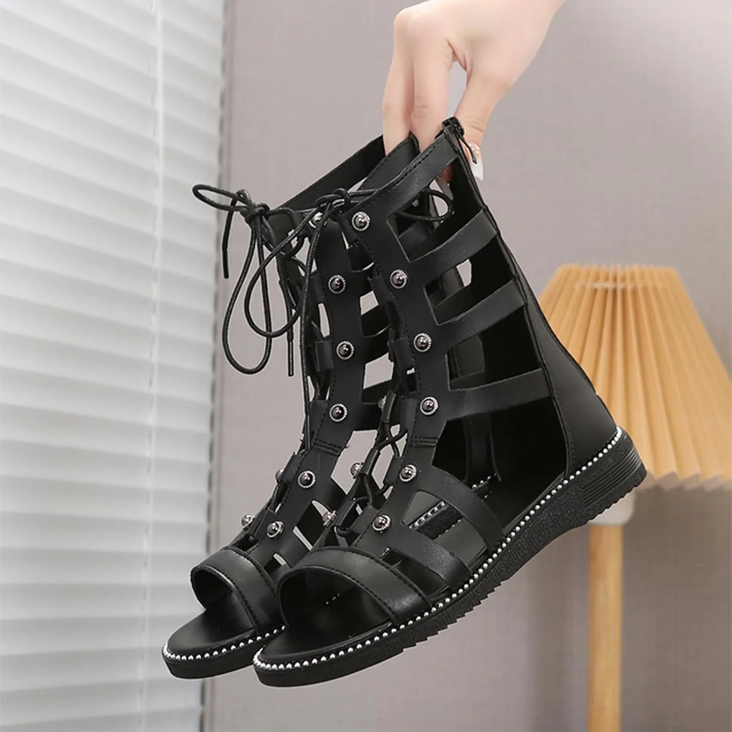 AngryMonkey Women's Lace-Up Gladiator Sandals, Summer Casual Peep Toe Strappy Studded Flat Roman Sandals