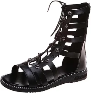 AngryMonkey Women's Lace-Up Gladiator Sandals, Summer Casual Peep Toe Strappy Studded Flat Roman Sandals
