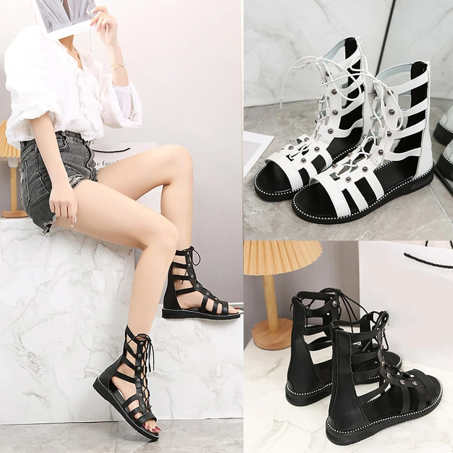 AngryMonkey Women's Lace-Up Gladiator Sandals, Summer Casual Peep Toe Strappy Studded Flat Roman Sandals