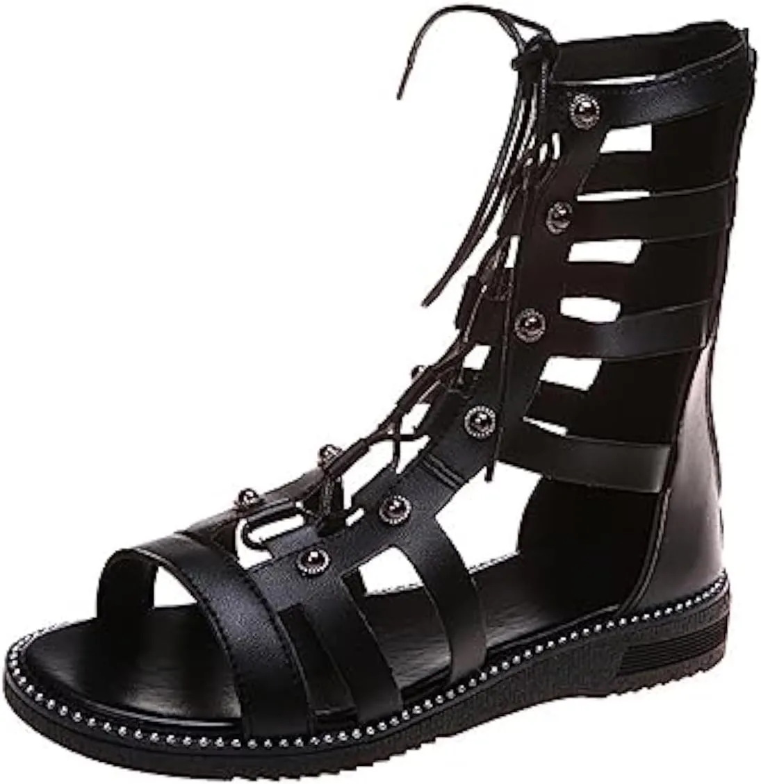 AngryMonkey Women's Lace-Up Gladiator Sandals, Summer Casual Peep Toe Strappy Studded Flat Roman Sandals