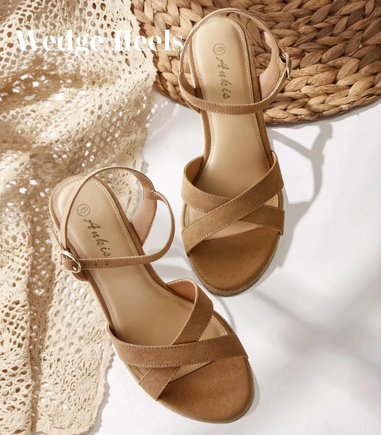 Ankis Wedge Sandals for Women, Espadrille Womens Wedge Sandals Comfortable Open Toe Cross Band Ankle Strap High Heel Wedges for Women Dressy Summer -3.4Inch