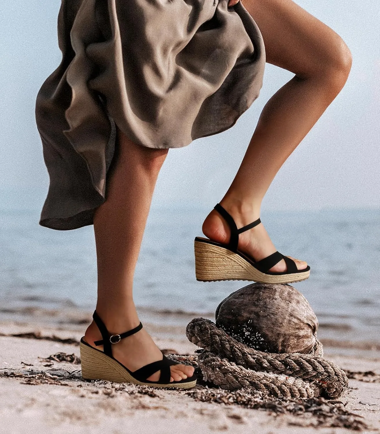 Ankis Wedge Sandals for Women, Espadrille Womens Wedge Sandals Comfortable Open Toe Cross Band Ankle Strap High Heel Wedges for Women Dressy Summer -3.4Inch