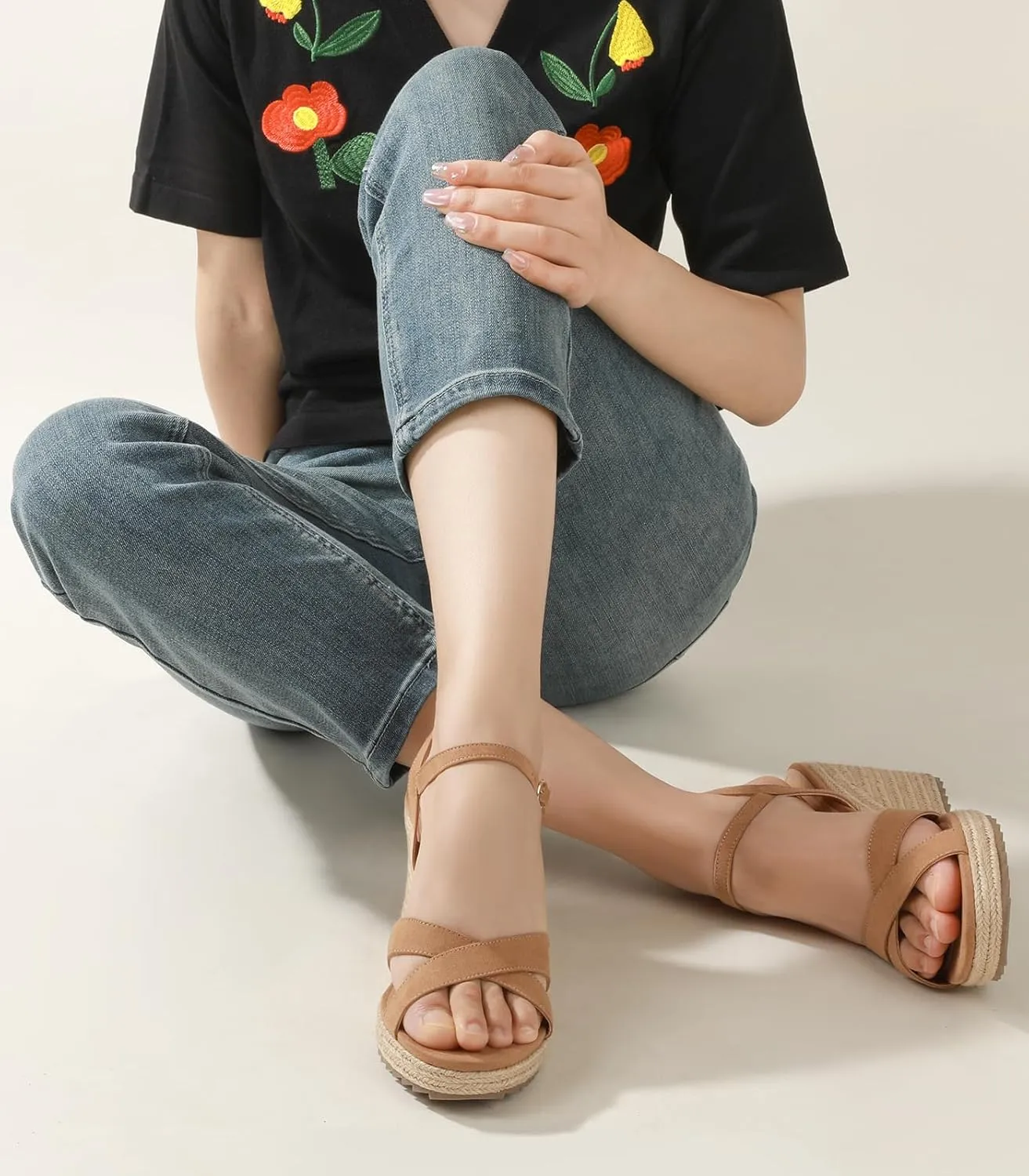 Ankis Wedge Sandals for Women, Espadrille Womens Wedge Sandals Comfortable Open Toe Cross Band Ankle Strap High Heel Wedges for Women Dressy Summer -3.4Inch
