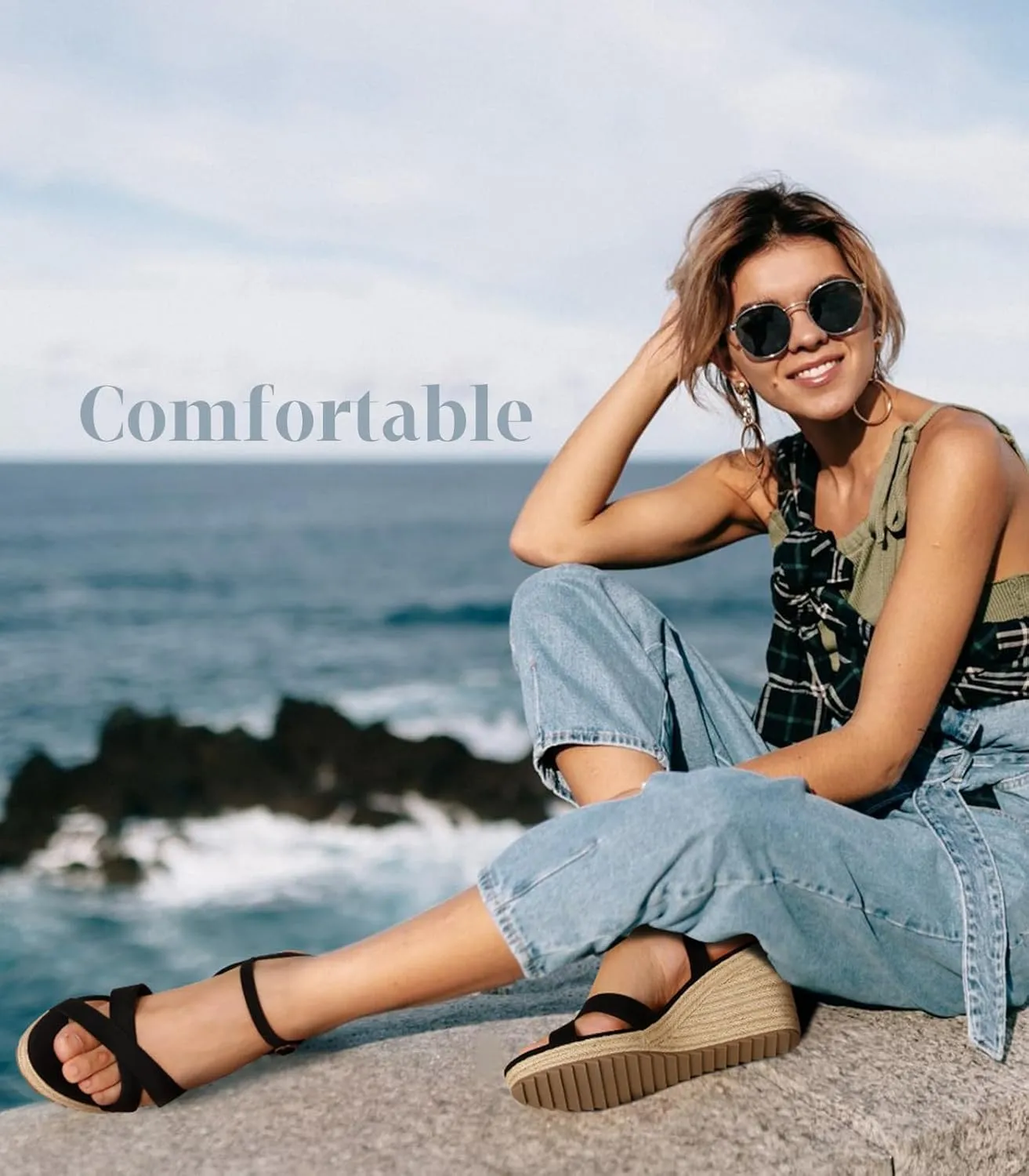 Ankis Wedge Sandals for Women, Espadrille Womens Wedge Sandals Comfortable Open Toe Cross Band Ankle Strap High Heel Wedges for Women Dressy Summer -3.4Inch