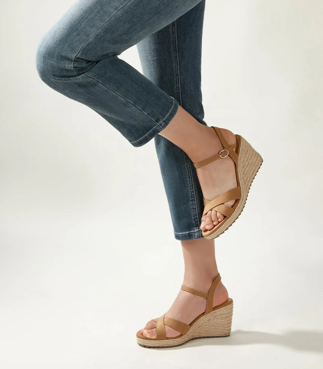 Ankis Wedge Sandals for Women, Espadrille Womens Wedge Sandals Comfortable Open Toe Cross Band Ankle Strap High Heel Wedges for Women Dressy Summer -3.4Inch