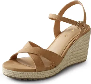 Ankis Wedge Sandals for Women, Espadrille Womens Wedge Sandals Comfortable Open Toe Cross Band Ankle Strap High Heel Wedges for Women Dressy Summer -3.4Inch