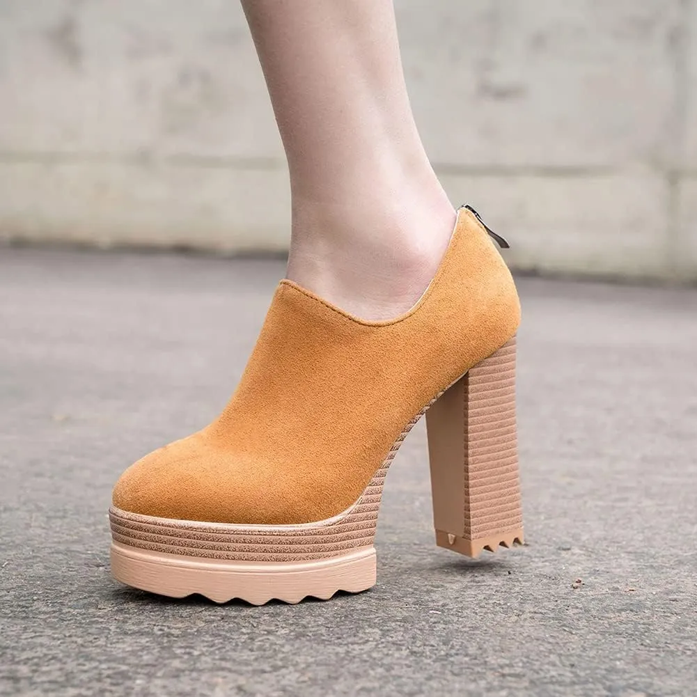 Ankle Booties Women's Suede Classic Back Zip Platform Chunky High Heel Round Toe Dress Pump Shoes