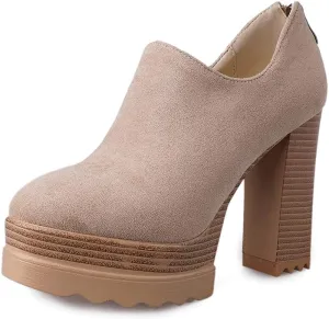 Ankle Booties Women's Suede Classic Back Zip Platform Chunky High Heel Round Toe Dress Pump Shoes