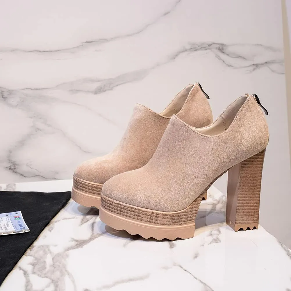 Ankle Booties Women's Suede Classic Back Zip Platform Chunky High Heel Round Toe Dress Pump Shoes