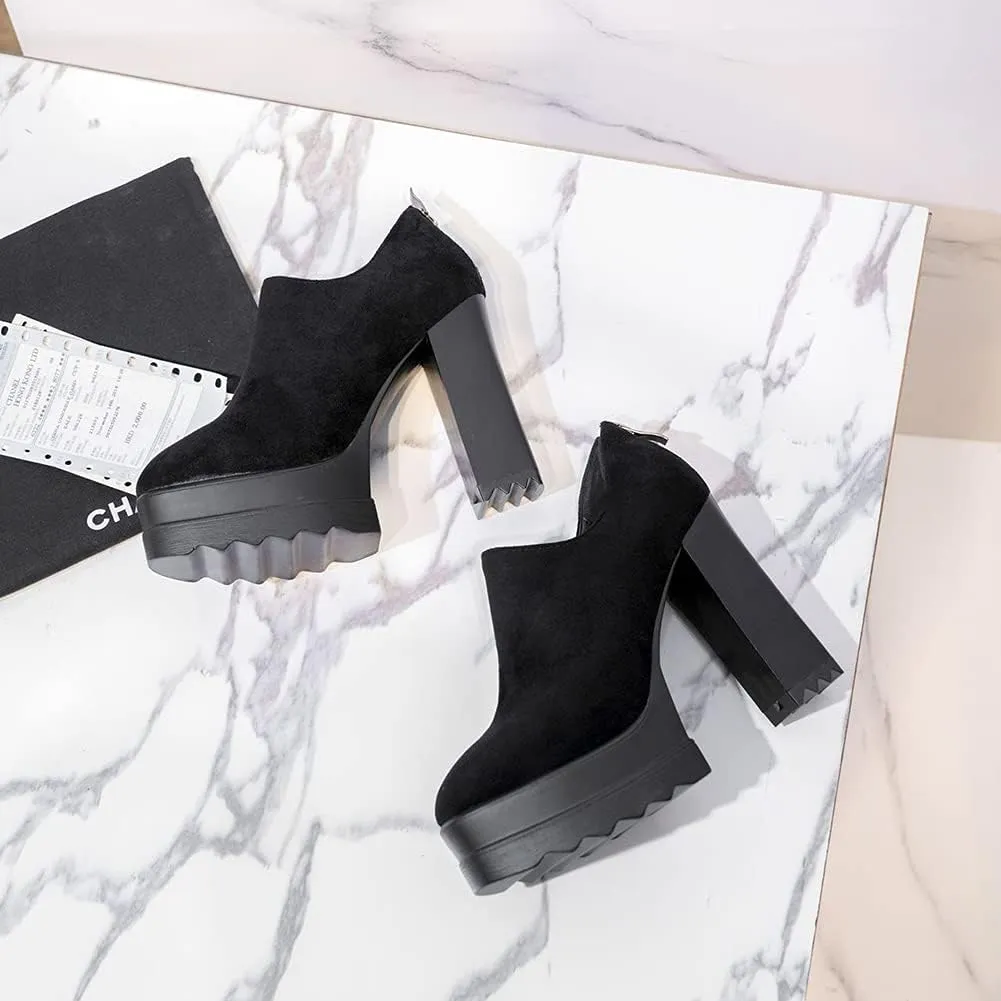 Ankle Booties Women's Suede Classic Back Zip Platform Chunky High Heel Round Toe Dress Pump Shoes