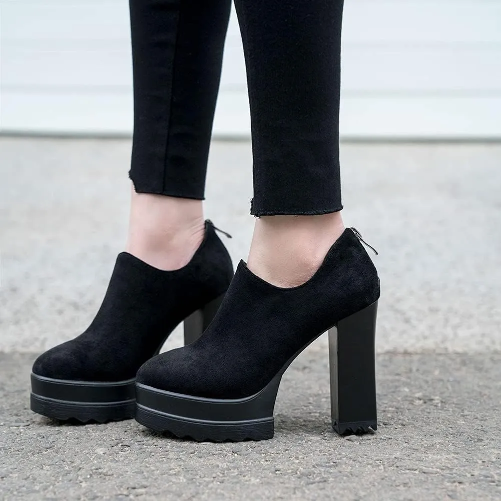 Ankle Booties Women's Suede Classic Back Zip Platform Chunky High Heel Round Toe Dress Pump Shoes